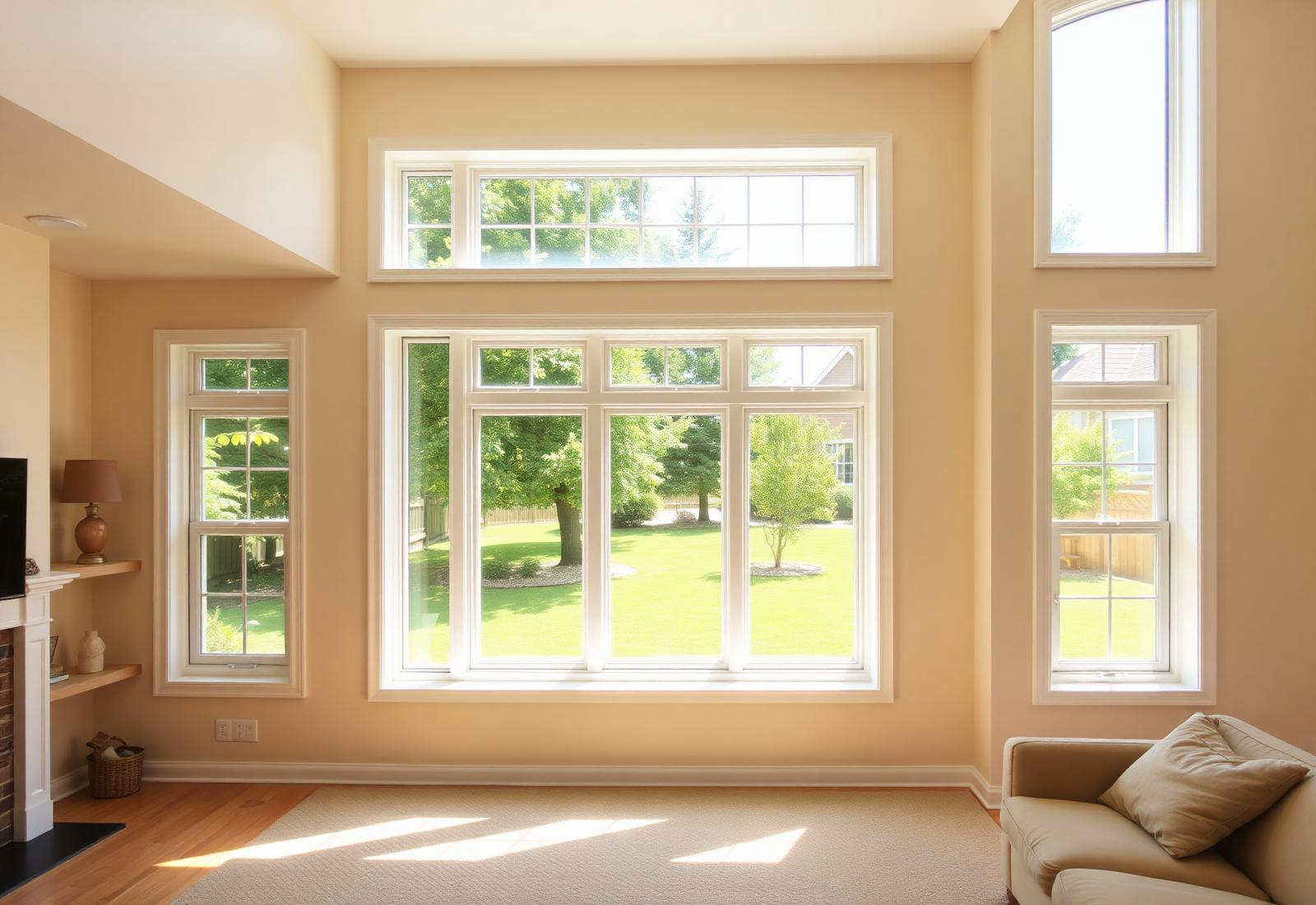 Sunlit living room with newly installed white-frame double-hung windows overlooking a green yard